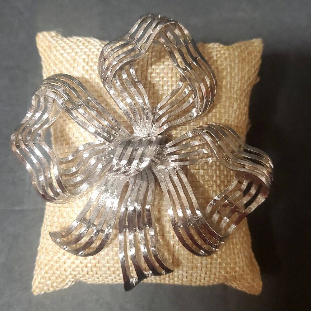 VTG Monet Brooch Signed Large Bow Ribbon 3" Silver Toned Openwork Style Pin